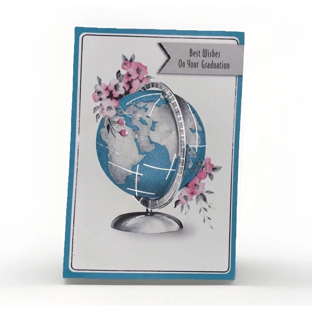 Hallmark Expressions Graduation Greeting Card Globe Floral Blue With Envelope.